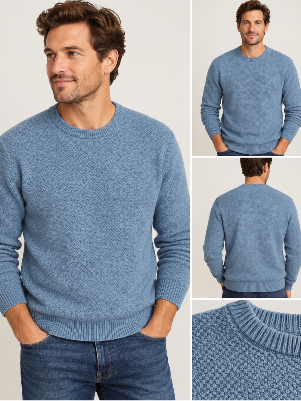 J.Crew Men's Large Cotton Crewneck Sweater Blue Moss Stitch Pullover H6141